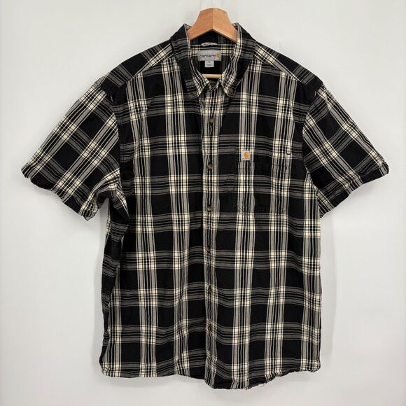 Carhartt Men’s XL Plaid Short Sleeve Work Shirt Black Cream Button-Up, Relaxed - Picture 1 of 10